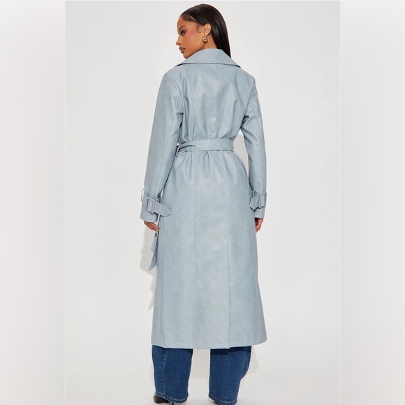 NWT. Fashion Nova Holland Croc Embossed Faux Leather Trench Coat In Grey/Blue. - Picture 4 of 6